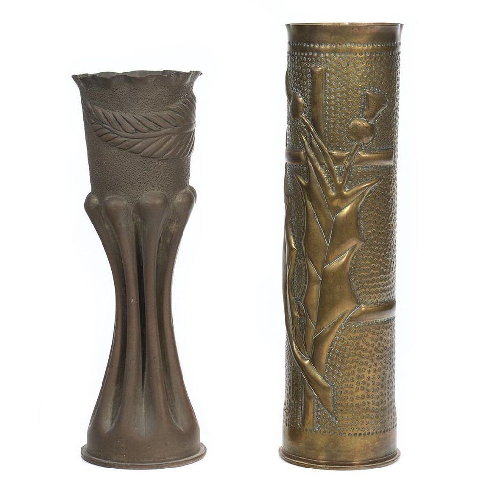 Appraisal: Two 'Trench Art' Shell Case Vases Greatest height in Condition