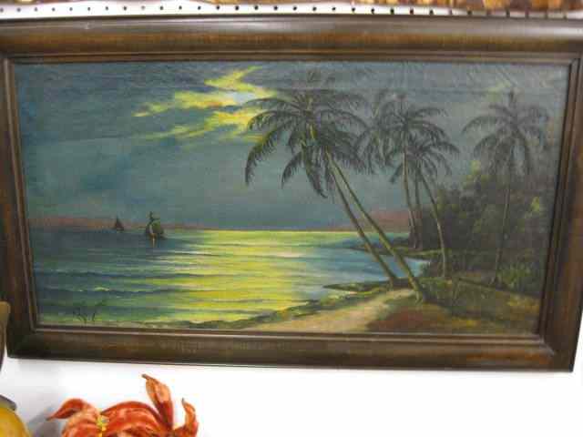 Appraisal: R E Donovan Oil Moonlit Hawaii Coast ships in distance