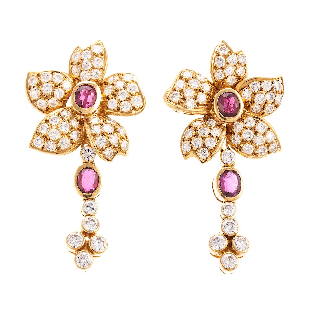 Appraisal: A Pair of Fine K Ruby Diamond Flower Earrings K