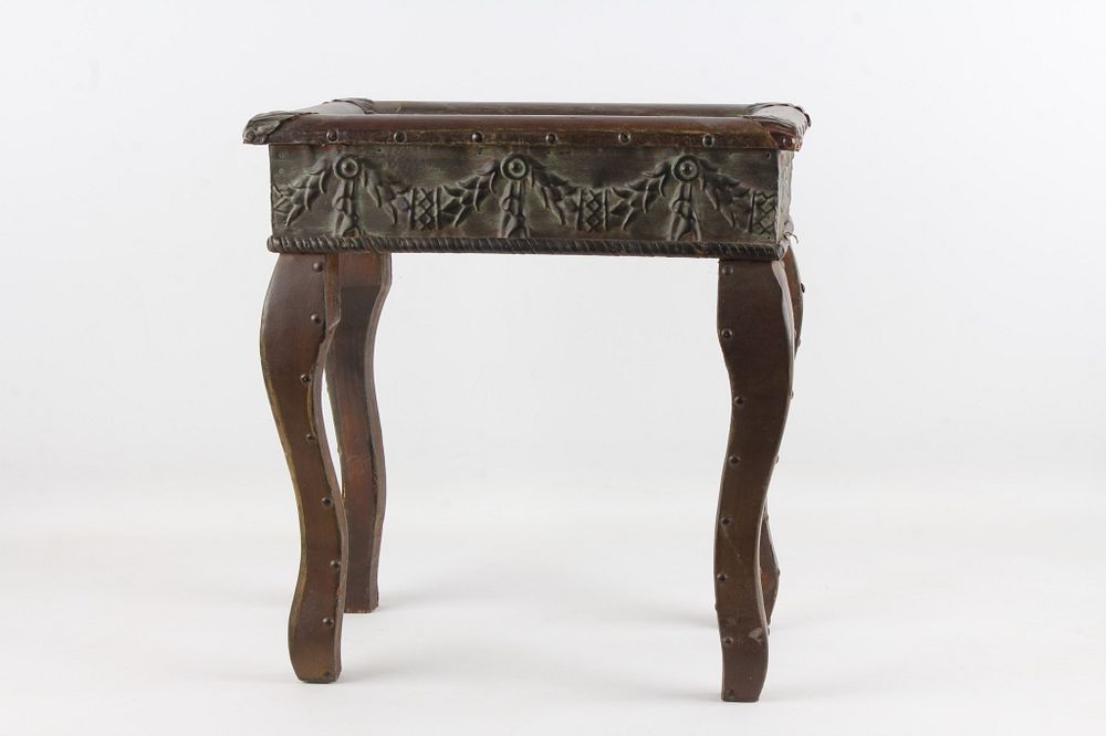 Appraisal: Ornate Wrapped Leather Fleur-De-Lis Stool For your consideration is this