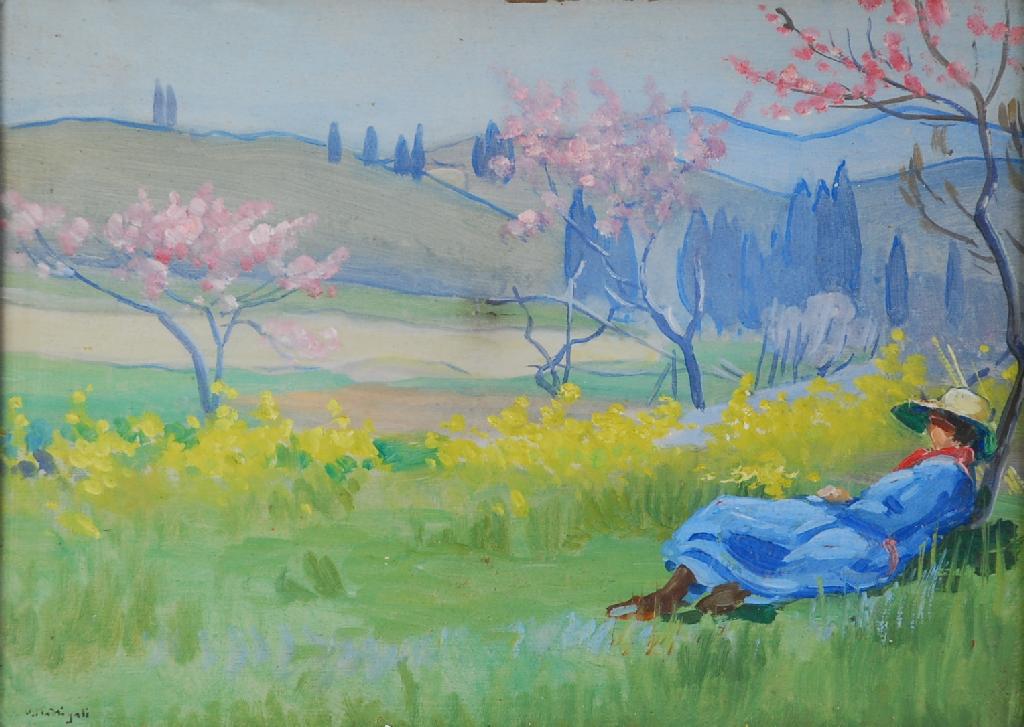 Appraisal: OLYNTHE MADRIGALI - OIL PAINTING ON PANEL Rolling summer landscape