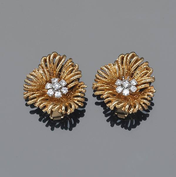 Appraisal: A pair of diamond and k gold floral clip-earrings Van