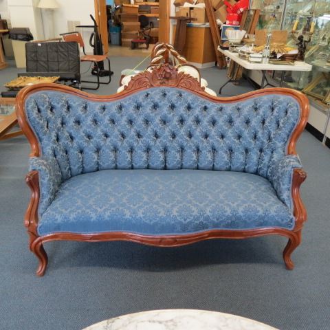 Appraisal: Carved Walnut Sofa fine blue silkfloral brocade tufted arch back