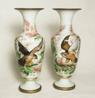 Appraisal: Pair Large Painted Vases Hand Painted Birds of Prey H