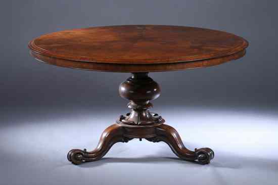 Appraisal: VICTORIAN BURL WALNUT PEDESTAL-BASE BREAKFAST TABLE Round top having molded