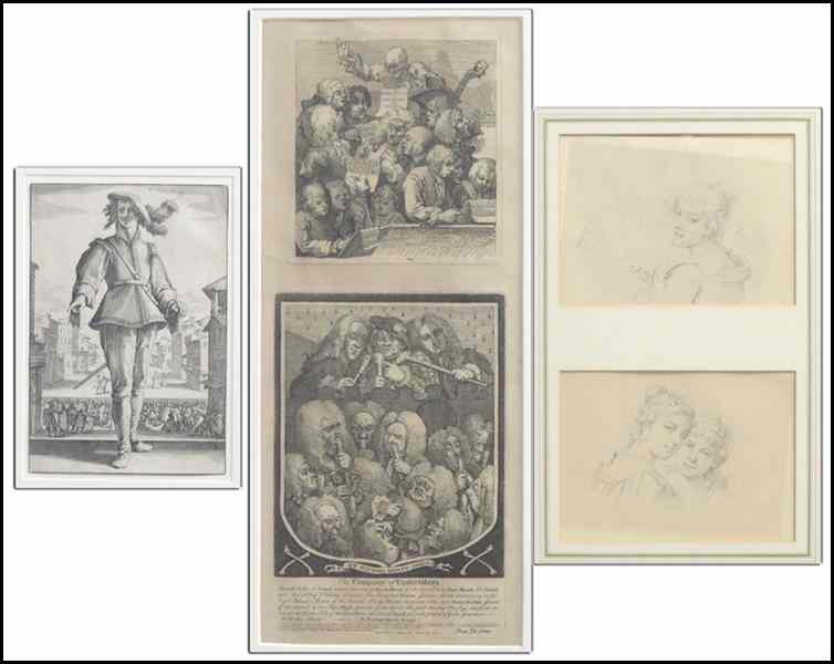 Appraisal: TWO UNSIGNED PENCIL DRAWINGS Together with two framed engravings Single