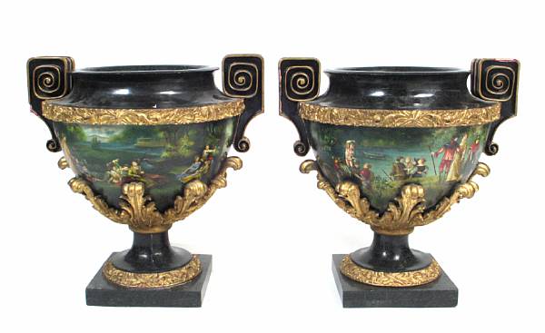 Appraisal: A pair of Neoclassical style paint decorated marble veneer urns