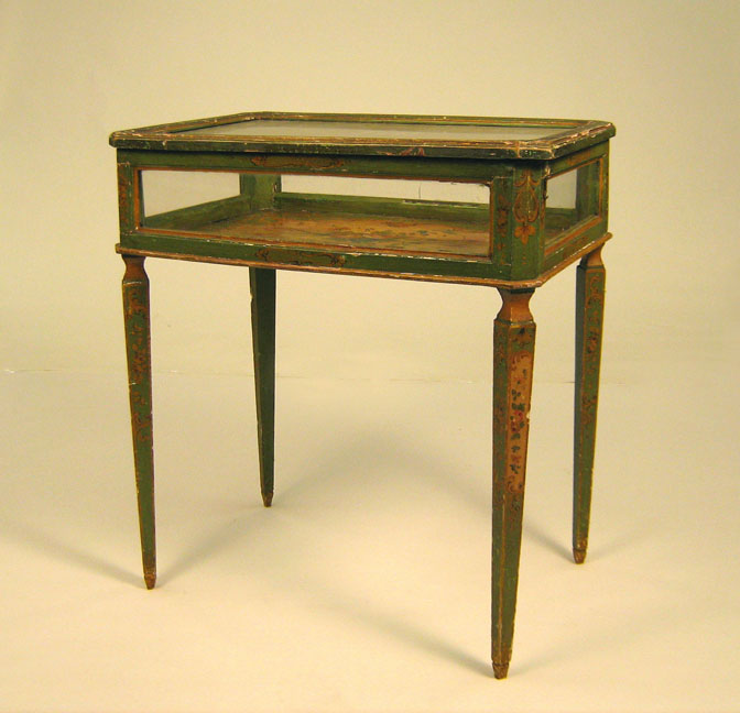 Appraisal: Italian painted vitrine table The glazed top opening to an