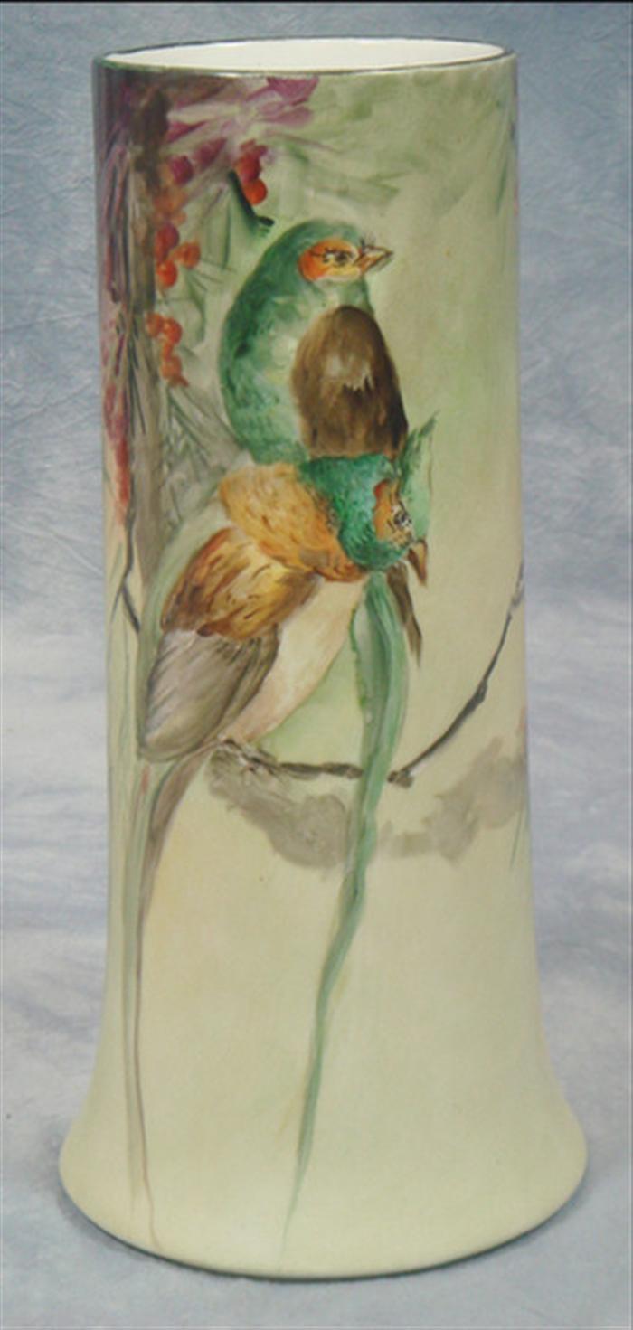 Appraisal: Bernardaud Co Limoges porcelain handpainted cylindrical vase bird decoration h