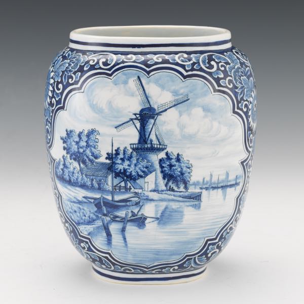 Appraisal: DELFT BLUE AND WHITE SCENIC VASE x x Rounded and