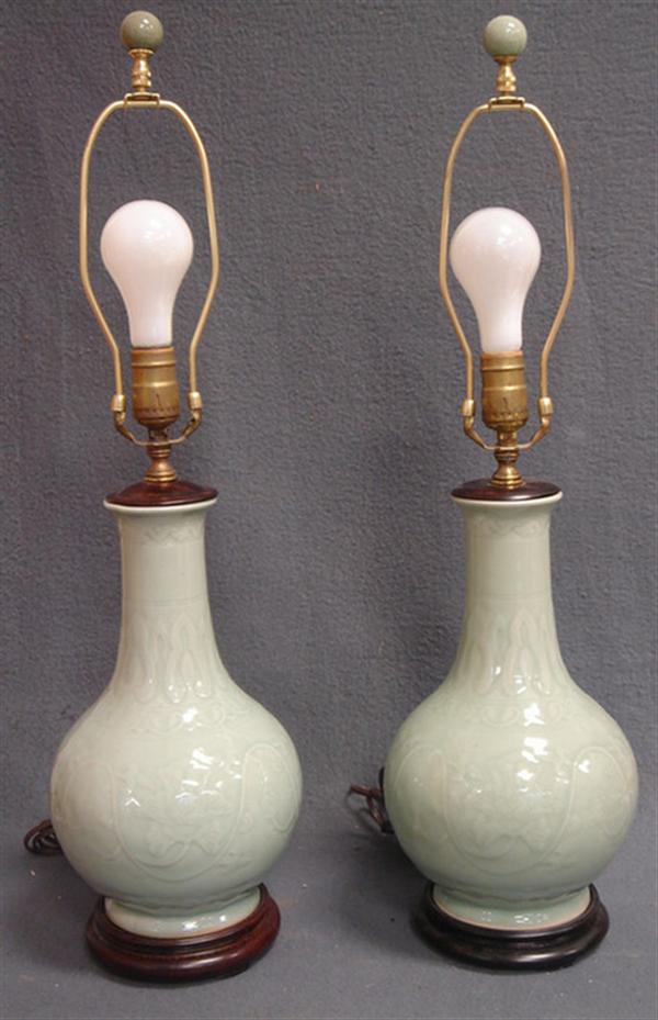 Appraisal: Pr Celadon sculpted gourd vases mounted as table lamps lotus