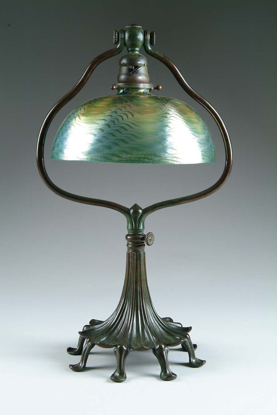 Appraisal: TIFFANY DAMASCENE HARP LAMP Spectacular Tiffany shade has damascene design