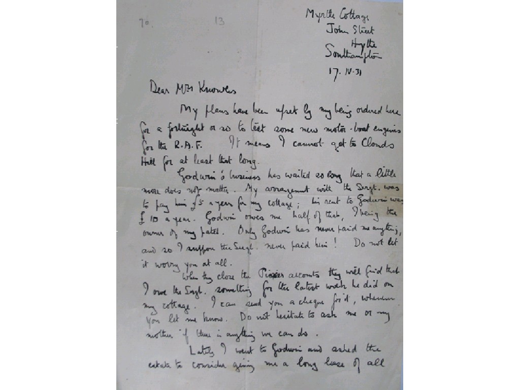 Appraisal: T E LAWRENCE A LETTER dated Dear Mrs Knowles My