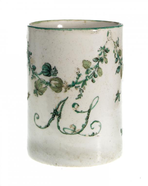 Appraisal: A BRISTOL MUG enamelled in green monochrome with the initials