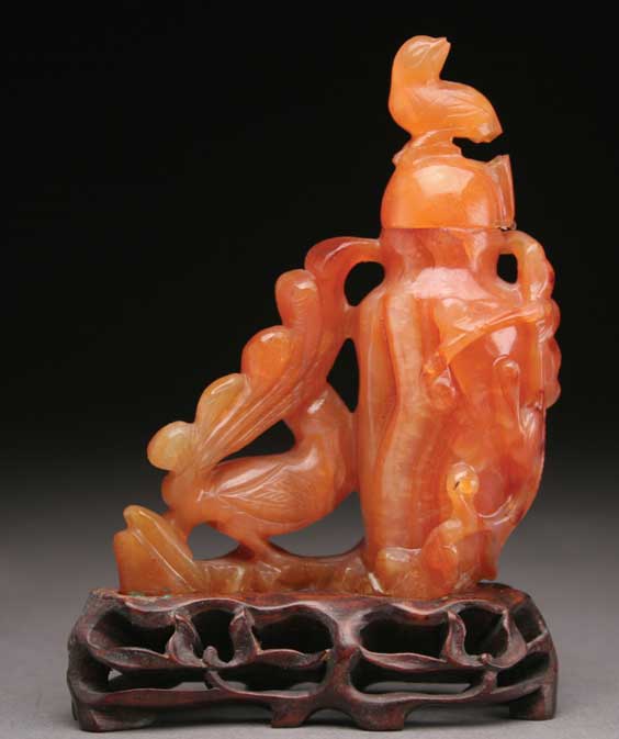 Appraisal: ANTIQUE CARNELIAN VESSEL Antique carved miniature carnelian agate covered vessel