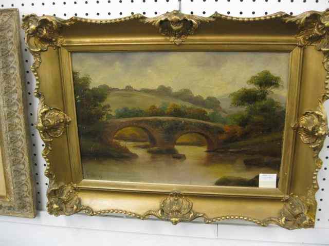 Appraisal: H Adams Oil English Countrysidewith bridge signed on canvas image