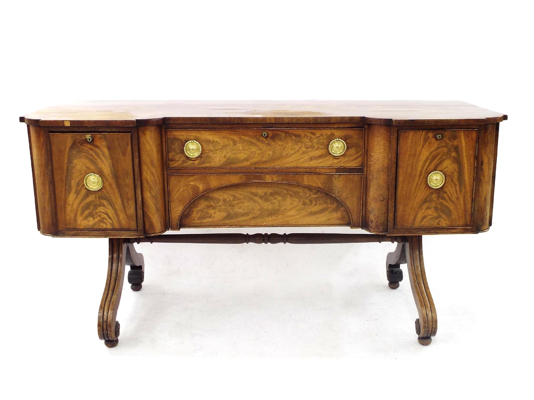 Appraisal: Impressive Regency flame mahogany reverse breakfront sideboard the moulded top