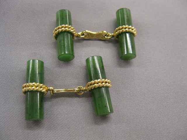 Appraisal: Jade k Gold Cufflinks '' Fine Greencylinders with rope wrap