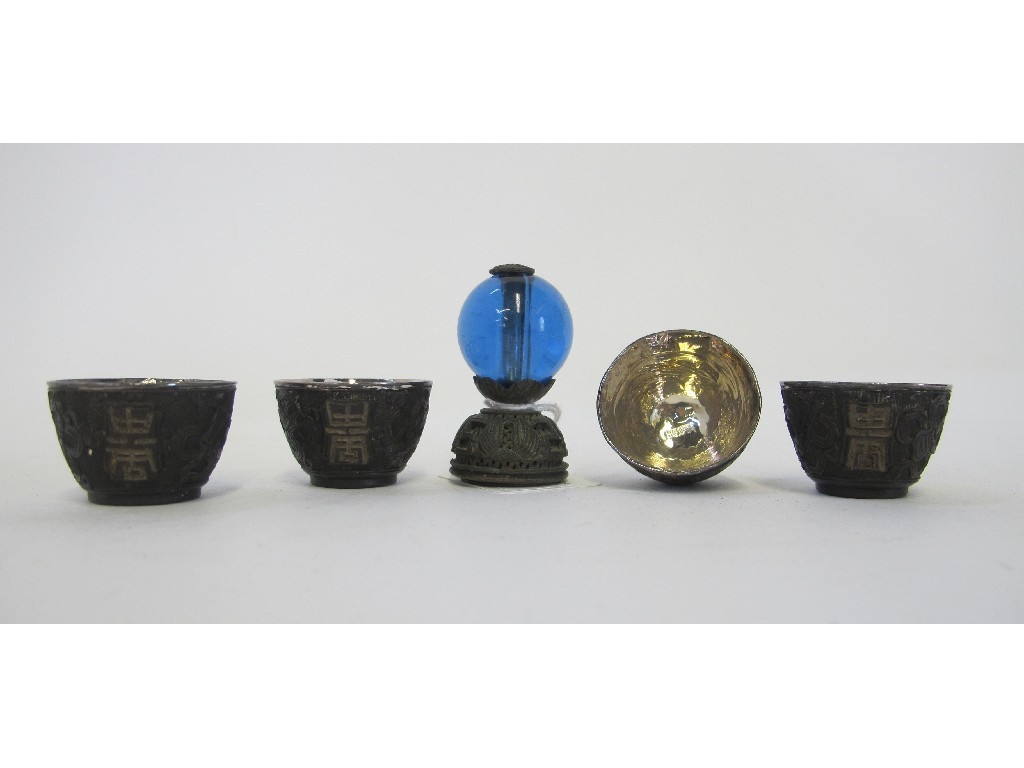 Appraisal: Chinese finial from a hat and four miniature drinking vessels