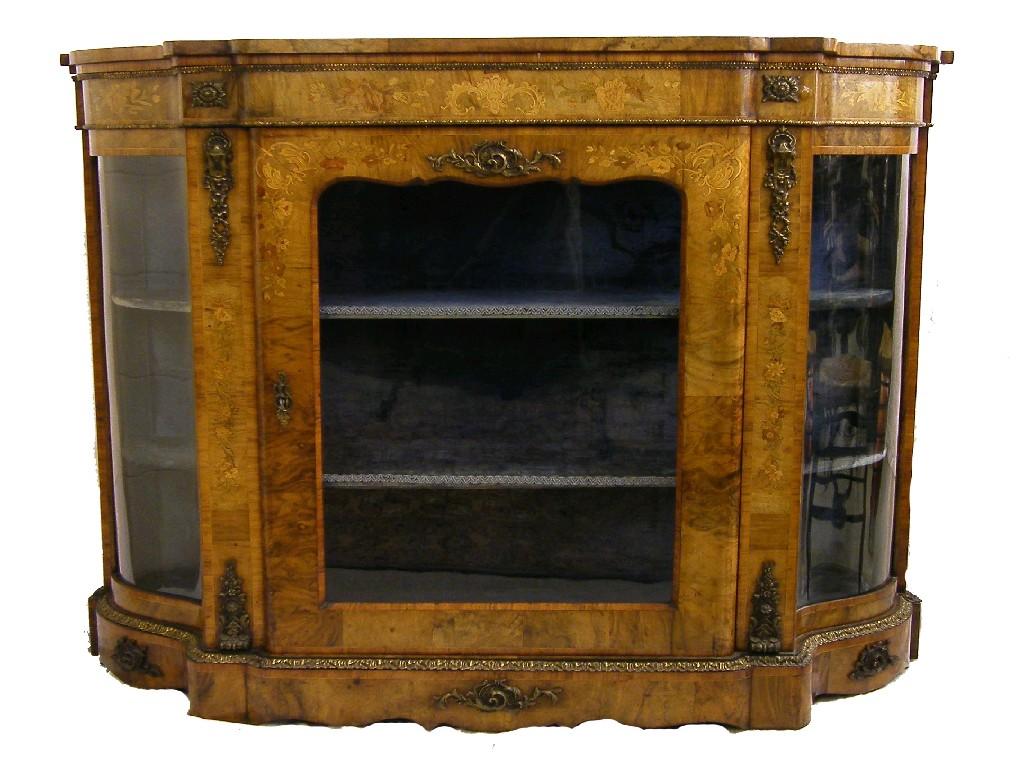 Appraisal: Good Victorian figured walnut inlaid credenza the shaped top over