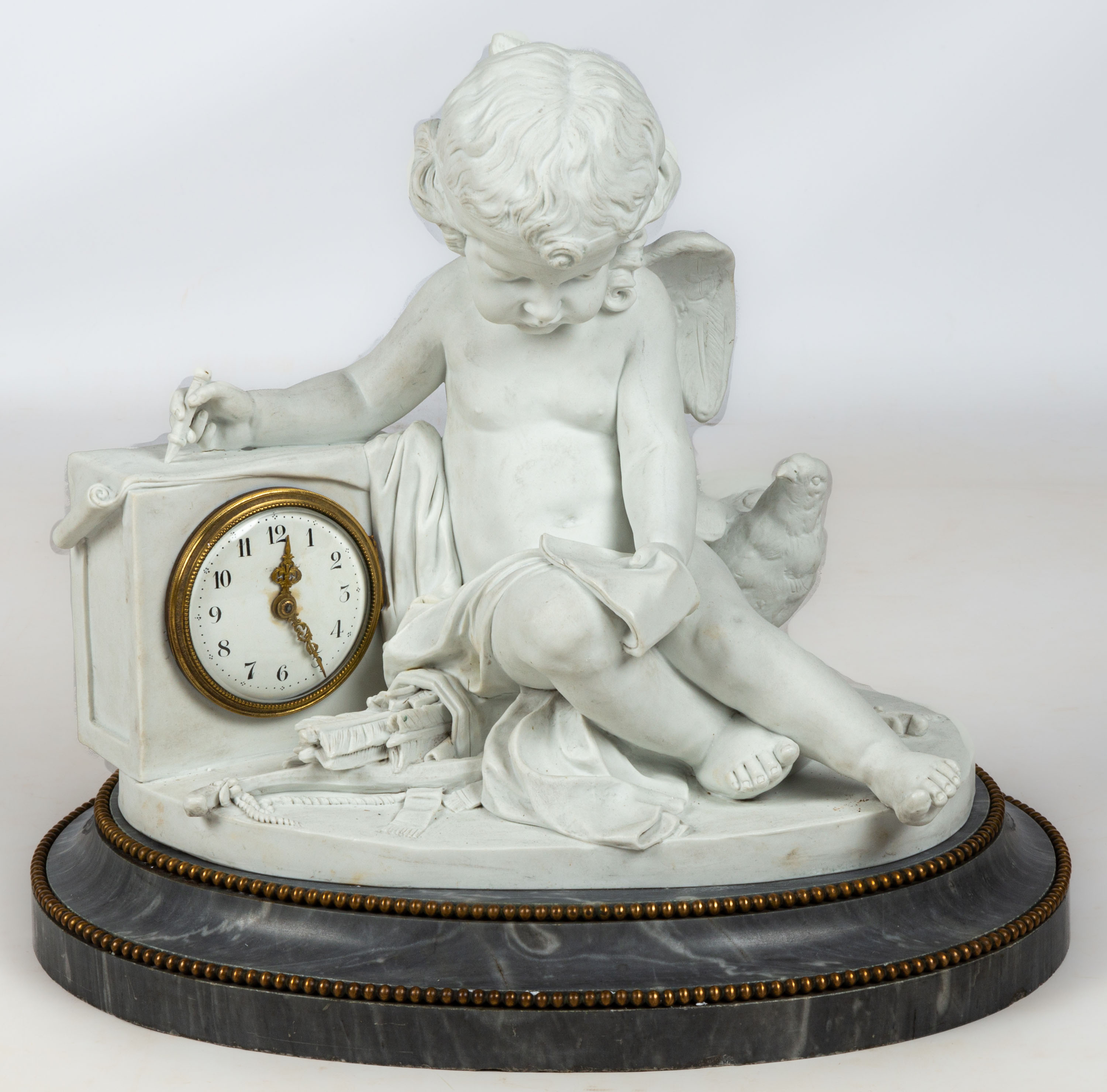 Appraisal: FRENCH BISQUE PORCELAIN AND MARBLE CLOCK after Jean Baptiste Pigalle