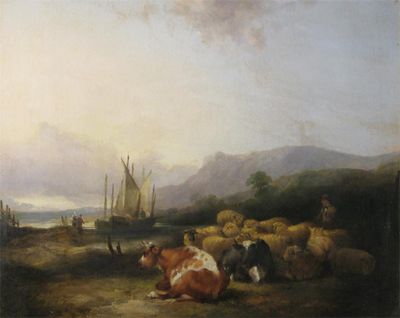 Appraisal: William Shayer - A farmer with sheep and cattle boats