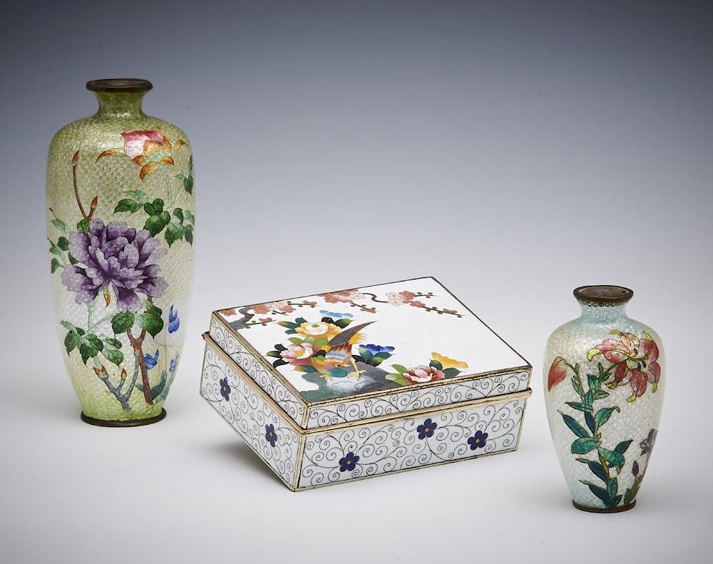 Appraisal: Grouping of two Japanese cloisonne vases and one box Grouping