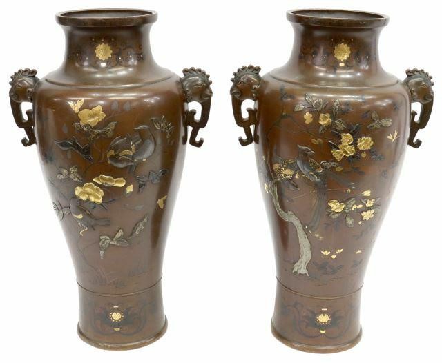 Appraisal: pair Japanese bronze vases Meiji period - elephant-form handles silver