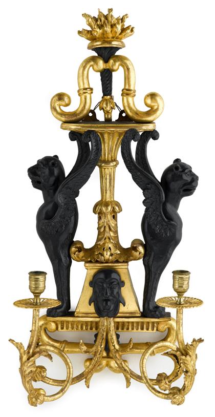 Appraisal: Regency parcel gilt and ebonised wood twin arm wall sconce