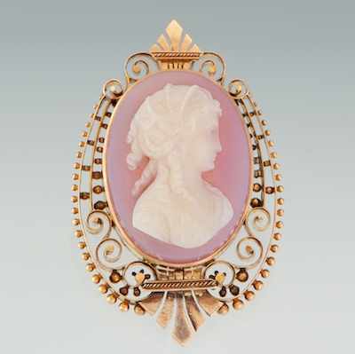 Appraisal: A Carved Agate Cameo Pendant Tested k yellow gold scroll