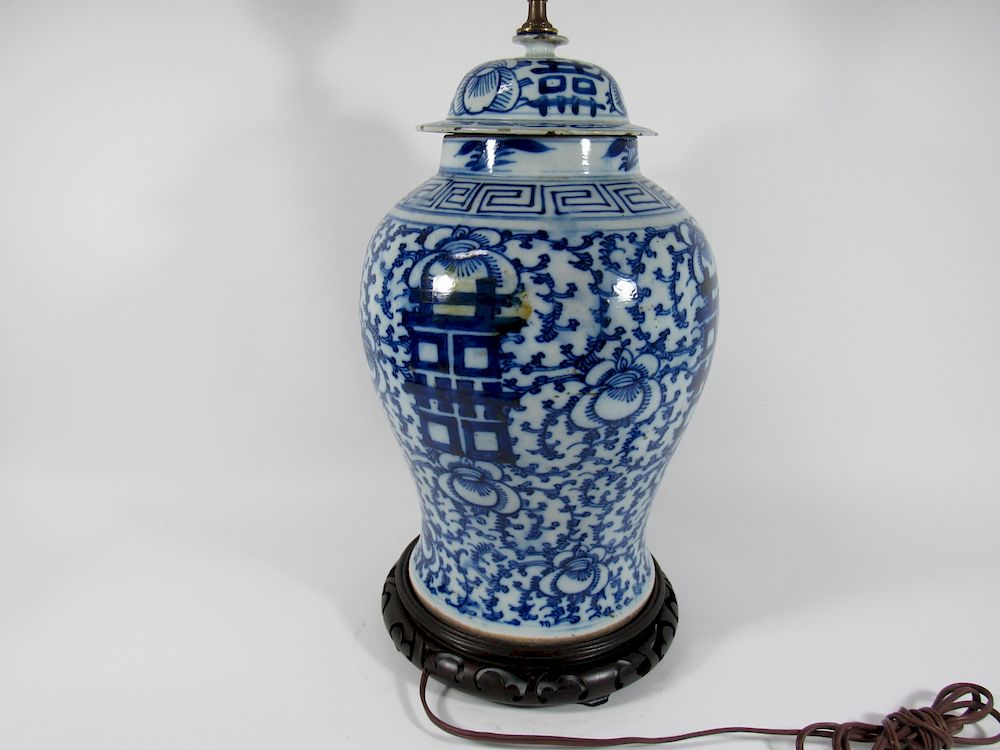 Appraisal: Blue and White Double Happiness Ginger Jar Mounted as a