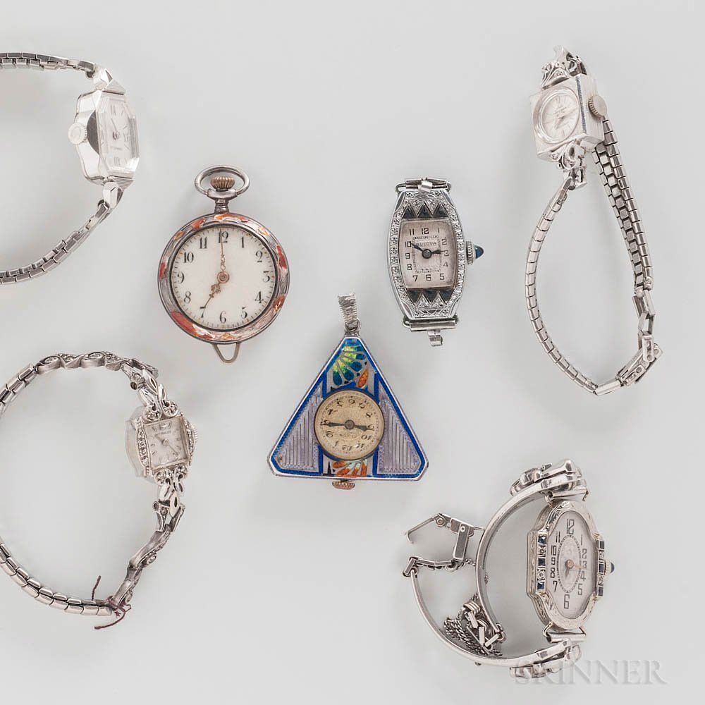 Appraisal: Two Enameled Pendant Watches and Five Lady's Cocktail Watches Two