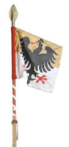 Appraisal: Processional banner standard th c painted flag with crowned eagle