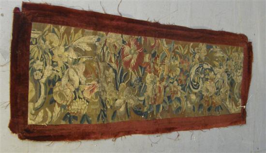 Appraisal: th century Flemish tapestry fragment with a later red velvet