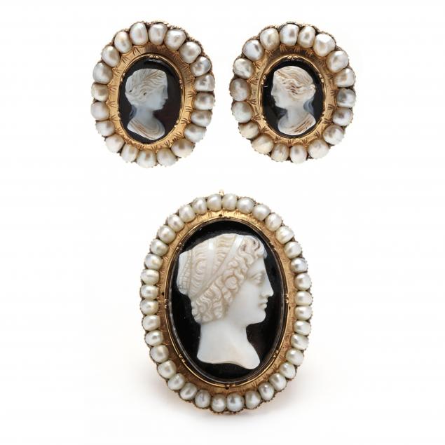 Appraisal: ANTIQUE SARDONYX CAMEO AND SPLIT PEARL SUITE To include a