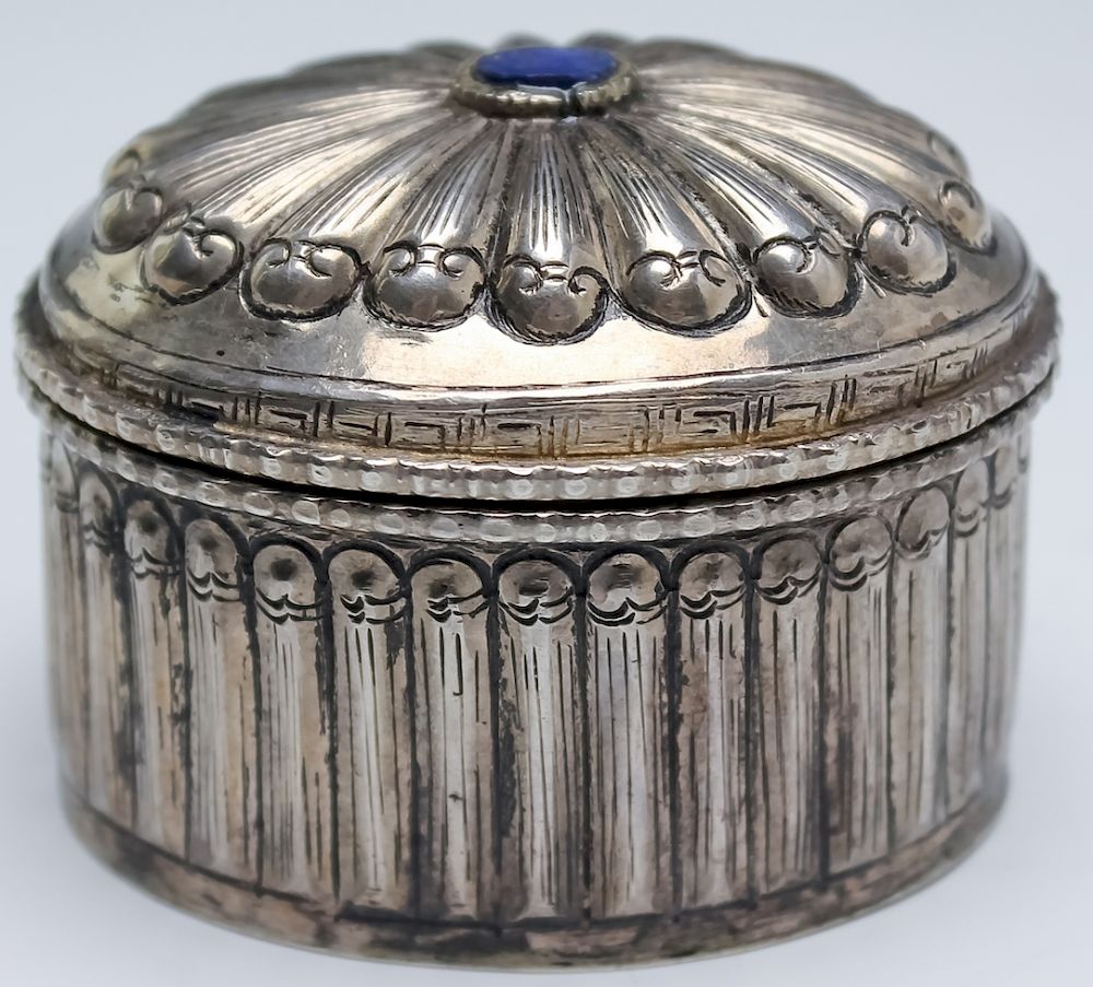 Appraisal: Antique Fine Silver Repousse Box w Lapis Inlay Antique silver