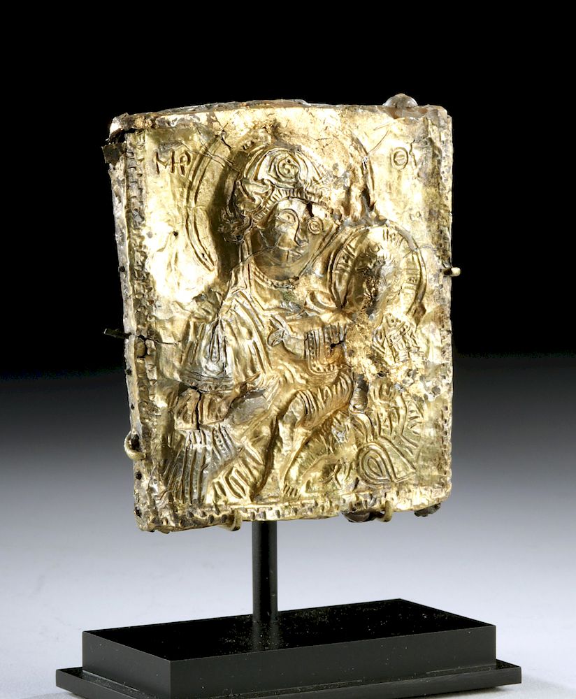 Appraisal: Byzantine Gilded Silver Icon Plaque Virgin Child Near East Holy