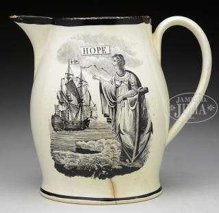 Appraisal: SHIP DECORATED LIVERPOOL JUG This black decorated jug features an