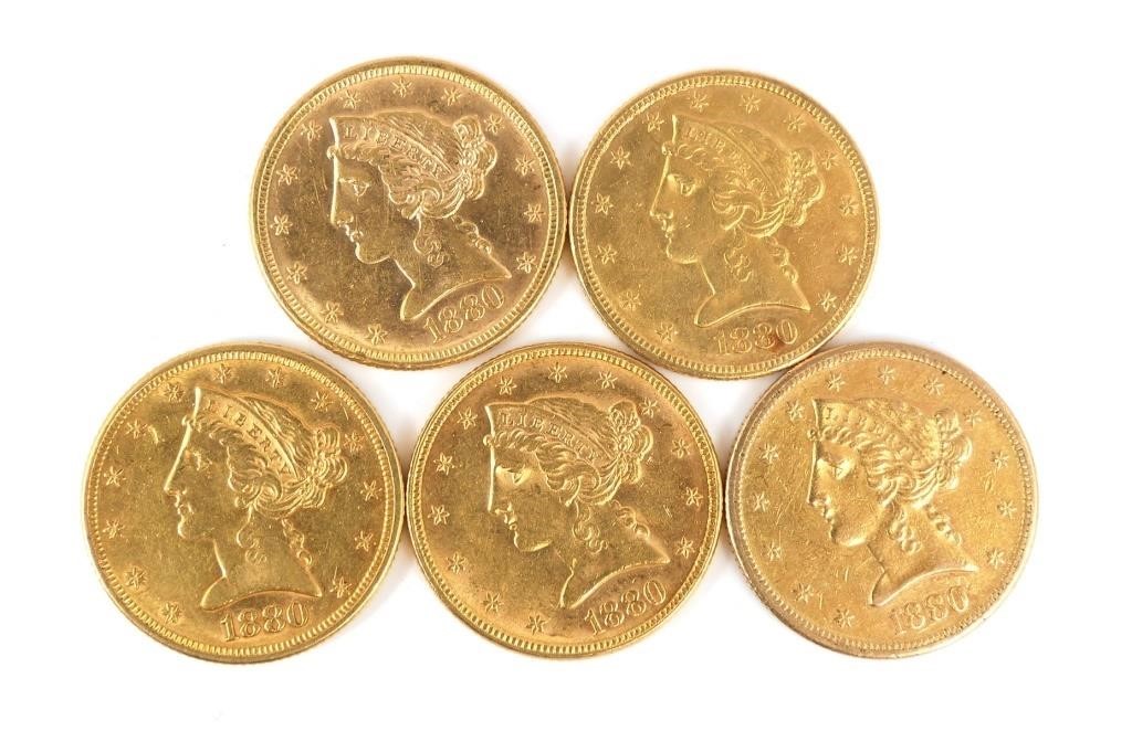 Appraisal: five United States gold half eagles dated PLEASE NOTE These