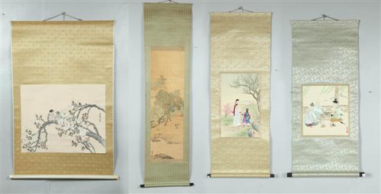 Appraisal: FOUR SCROLLS Asian th century Two are hand painted on