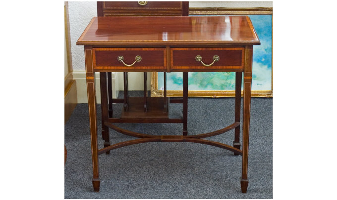 Appraisal: Edwardian Mahogany Two Drawer Side Table With cross banding and