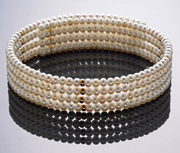 Appraisal: A cultured pearl four row choker pearls measuring approximately to