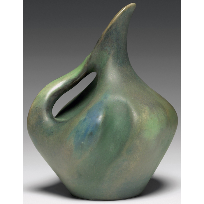 Appraisal: Amphora handled vessel organic shape covered in a brown green