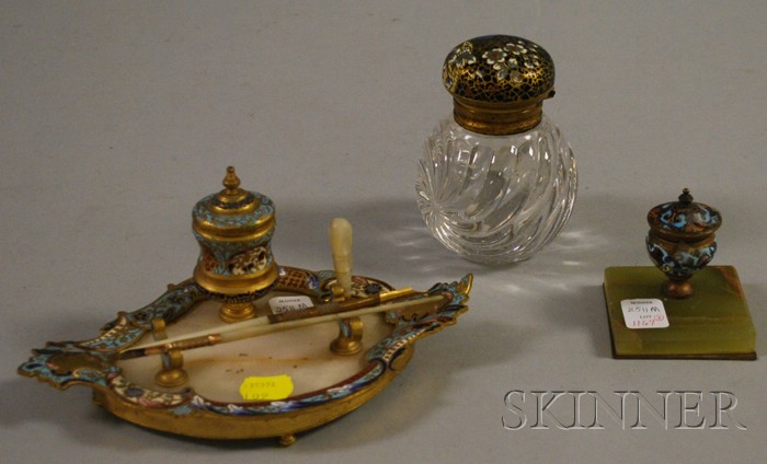 Appraisal: Two French Champleve Decorated Inkwells and an Inkstand one well