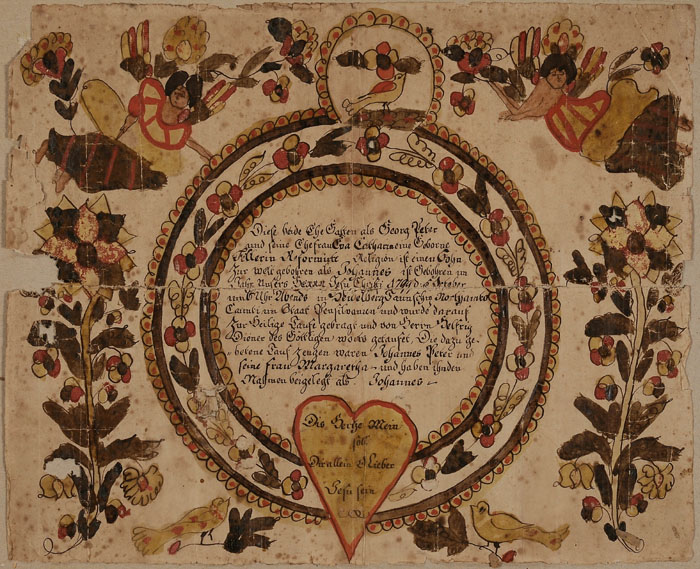 Appraisal: Fraktur Blowsy Angel Artist Pennsylvania active - Taufschein for Johannes