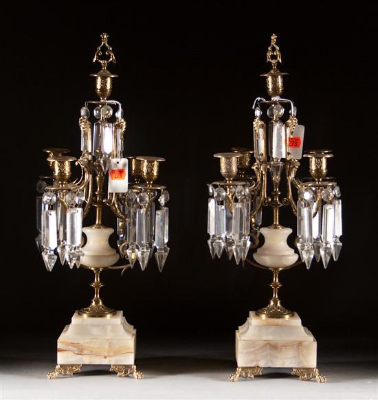 Appraisal: Pair of Victorian style brass and onyx five-light candelabra th