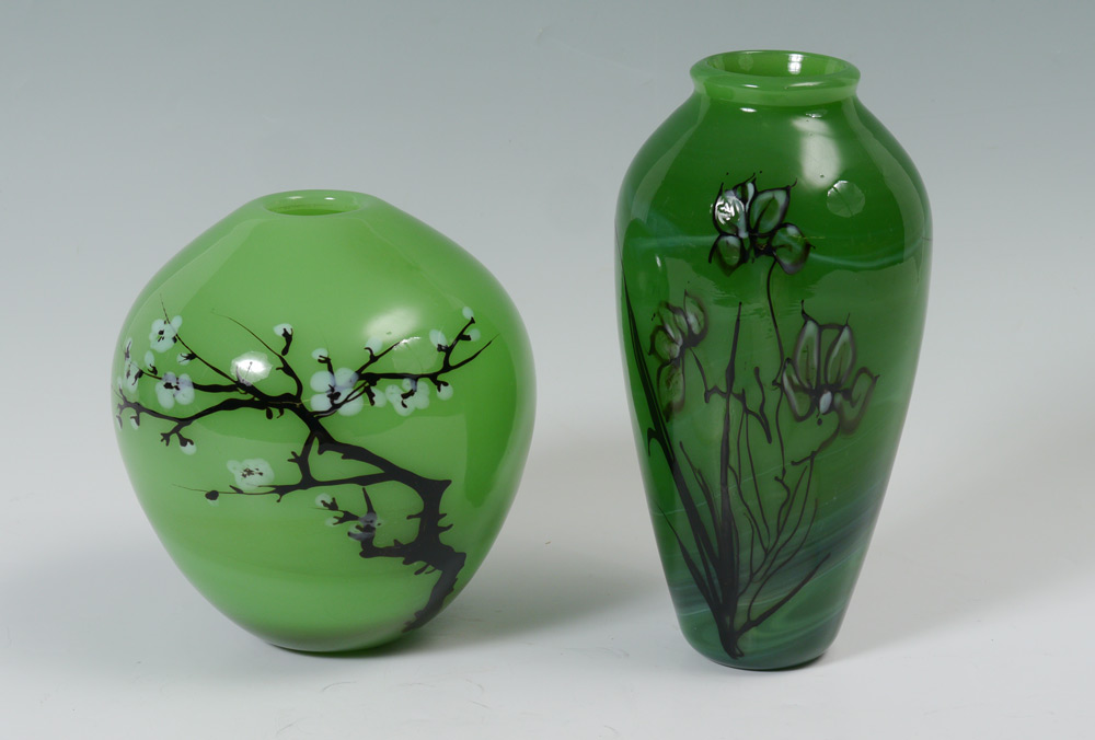 Appraisal: SIGNED ROESSLSER ART GLASS VASES Studio glass signed Roessler and