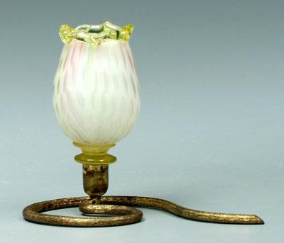 Appraisal: Rainbow mother-of-pearl miniature lamp or vase yellow rim probably raindrop