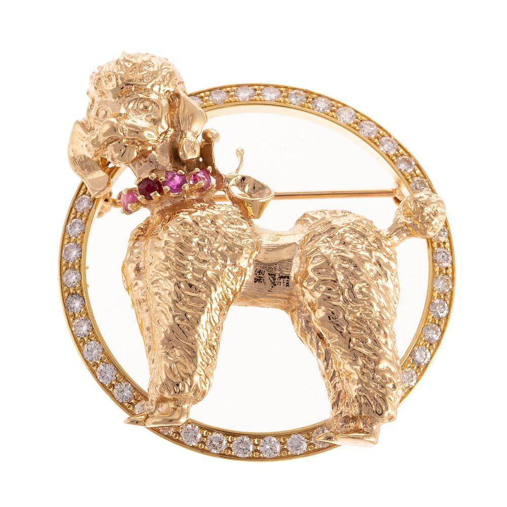 Appraisal: A K Yellow Gold Diamond Ruby Poodle Brooch K yellow