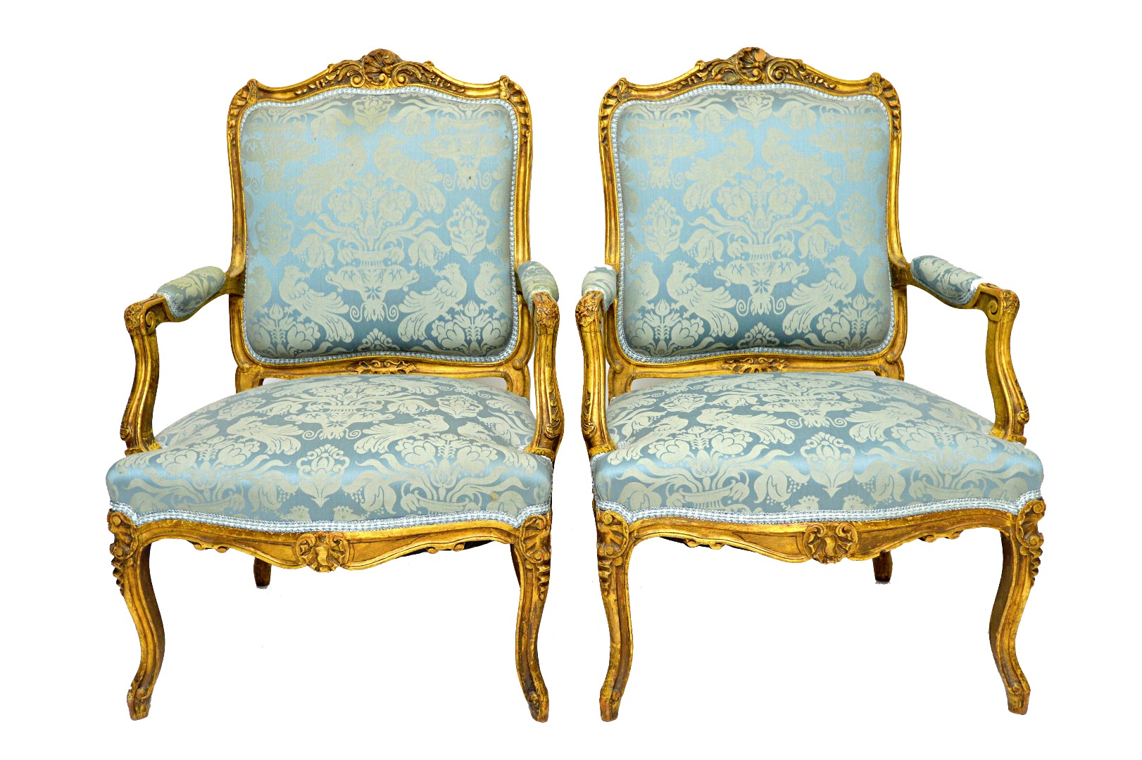 Appraisal: A pair of gilt framed open arm fauteils of Louis